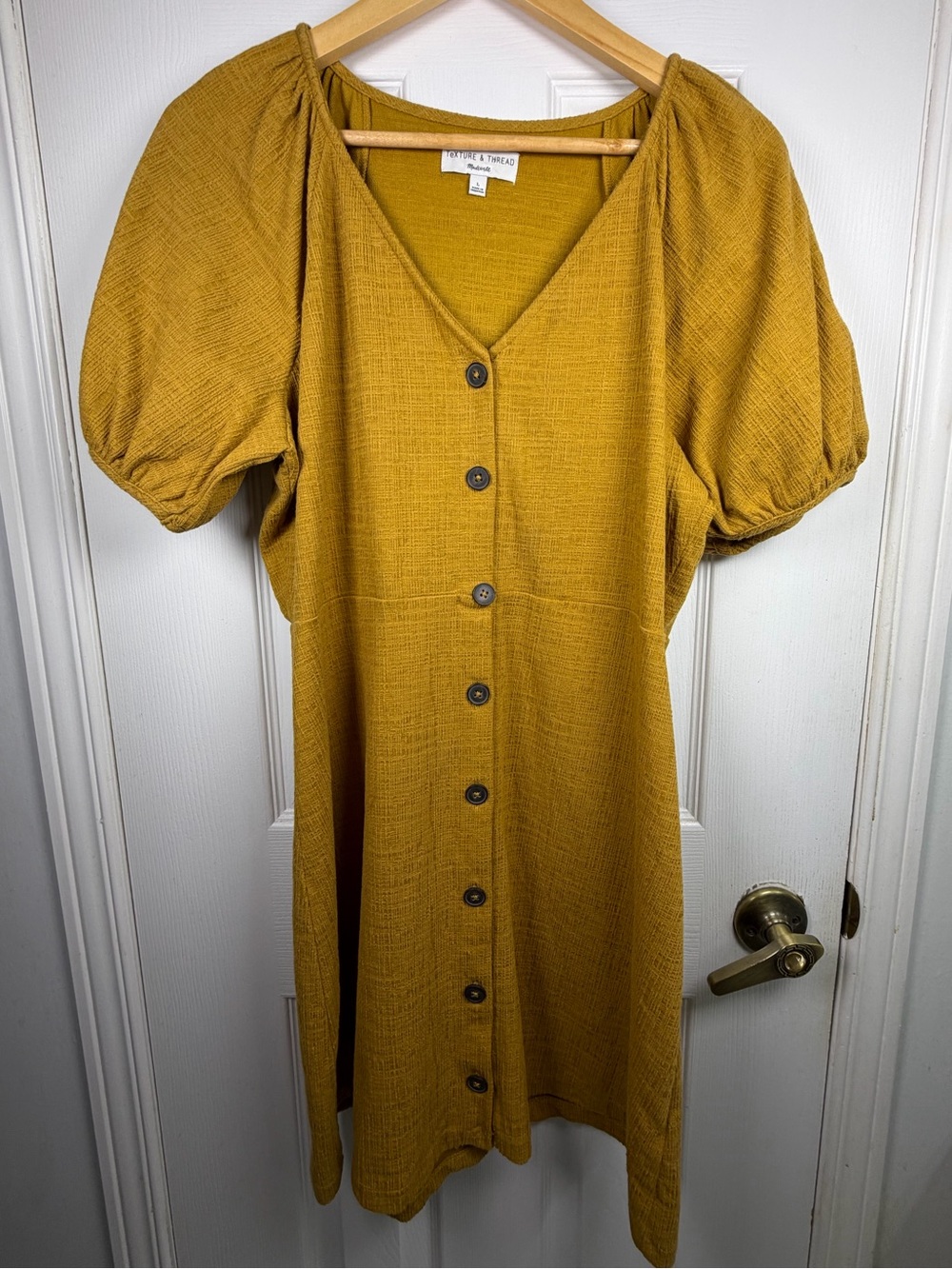Madewell Texture & Thread Mustard Mini Dress Women's L Puff Sleeve Button Front